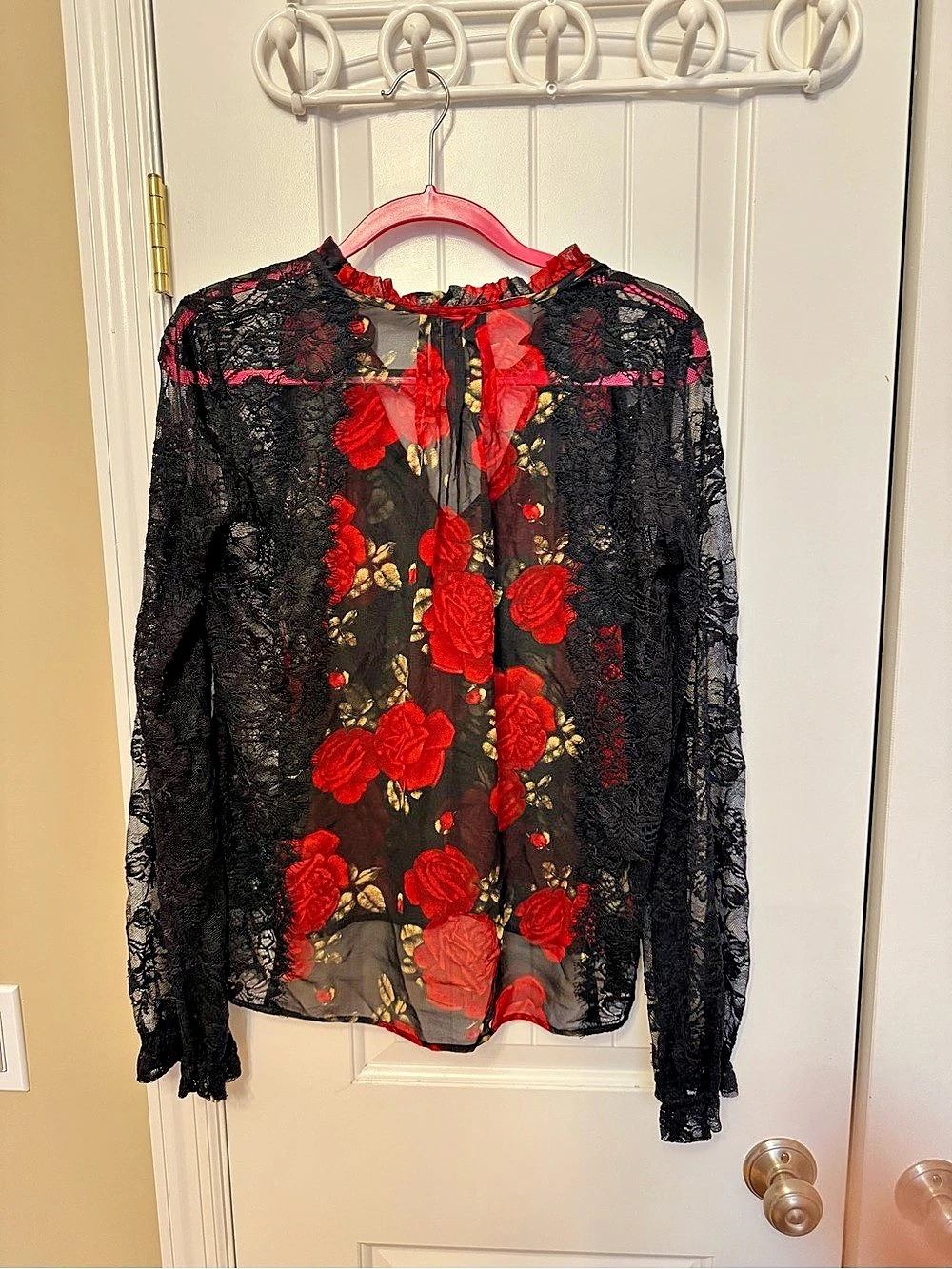 The Kooples F Top 1706 BK Floral Lace Blouse in Black & Red Like New